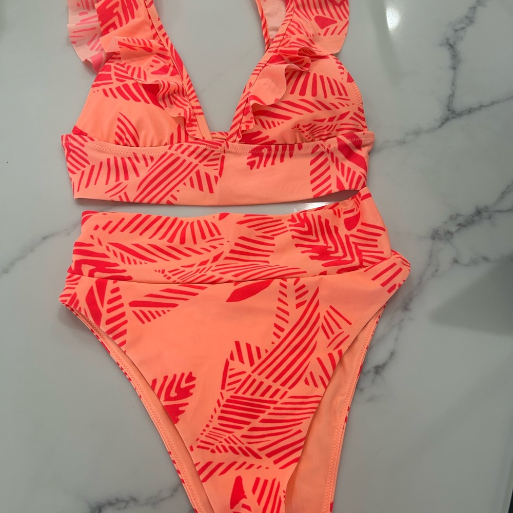 Aerie Peach Swimsuit Set with Coral Print